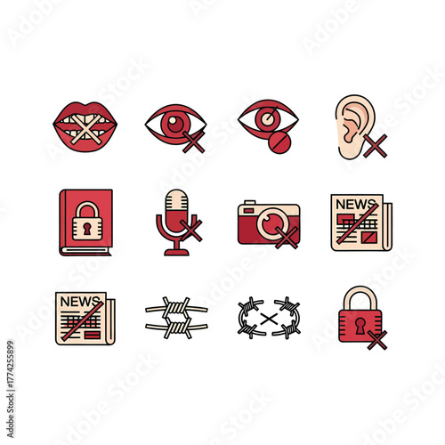 Collection of censorship symbols representing freedom of speech and expression being restricted on white backdrop, conveying a somber and cautionary theme.