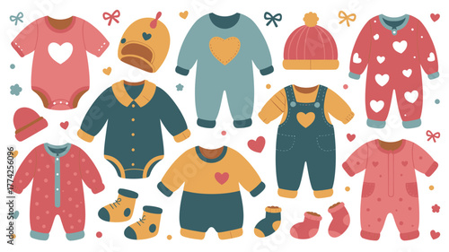 Charming collection of adorable baby clothes and accessories featuring sweet hearts and soft pastel colors, perfect for nursery decor or apparel designs.