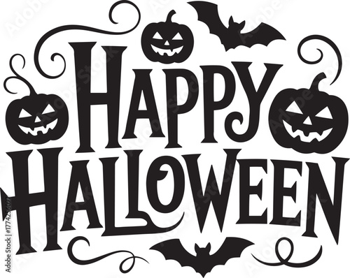 Happy halloween text with pumpkins and bats