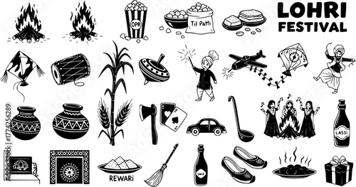 Lohri Festival Doodle Elements Set - Hand-drawn Traditional Indian Harvest Celebration Icons Collection. Black and White Vector Sketch Illustrations.