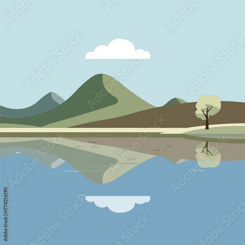Scenic mountain landscape reflected in calm lake under a cloudy sky