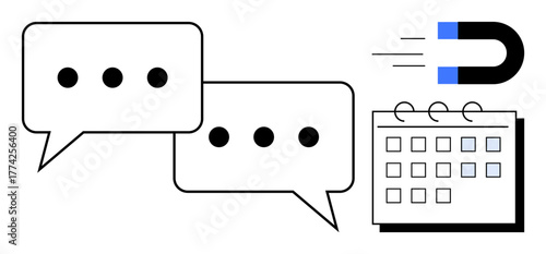 Speech bubbles, a magnet, and a calendar visualize communication, planning, and attraction. Ideal for marketing, teamwork, time management, audience retention lead generation organization simple