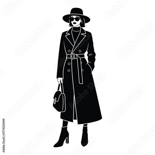 Chic woman in stylish trench coat, hat, and sunglasses confidently holding a handbag, embodying modern fashion and urban elegance.