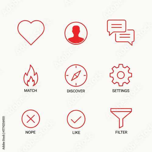Red line art symbols representing dating app functions displayed on a clean white surface, conveying a modern and simple user interface.
