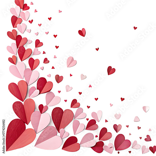 Falling red and pink paper hearts border on white background