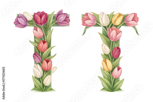 Botanical Alphabet T Watercolor Flower Letter vector illustration