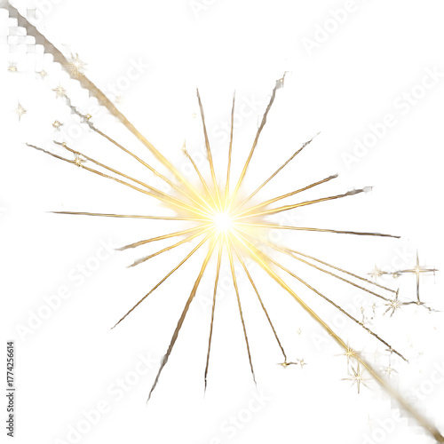 Bright sparkler exploding with golden light and sparks on white background