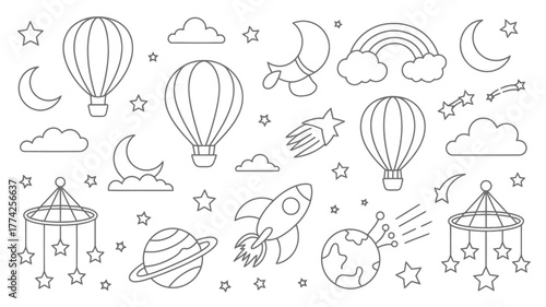 Whimsical dreamscape with hot air balloons, rockets, planets, moons, stars, and playful clouds creating a magical journey