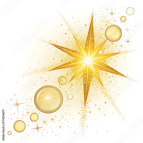Golden starburst with sparkling light and bubbles on white background