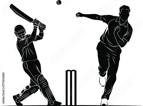 Silhouette of cricket players in action, capturing the intensity and skill of the sport isolated on white background perfect for sports and recreation themes
