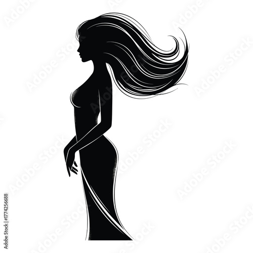 Elegant silhouette of a woman with flowing hair in a striking black gown, exuding sophistication and timeless beauty.
