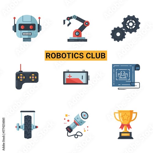 Robotics club elements displayed on white surface representing engineering and innovation with a playful and educational theme.