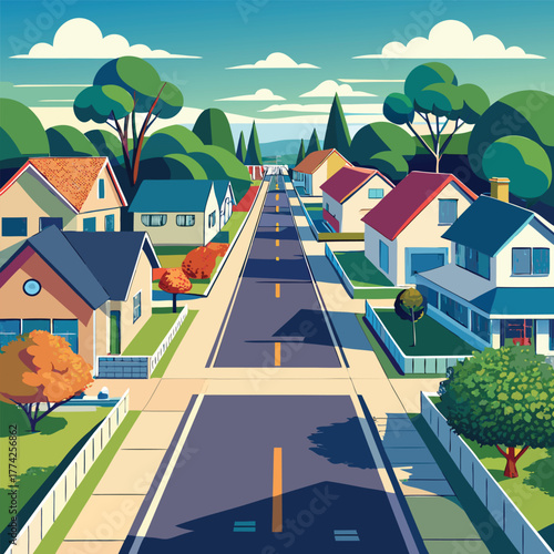 Elevated view of a colorful suburban street with houses and trees