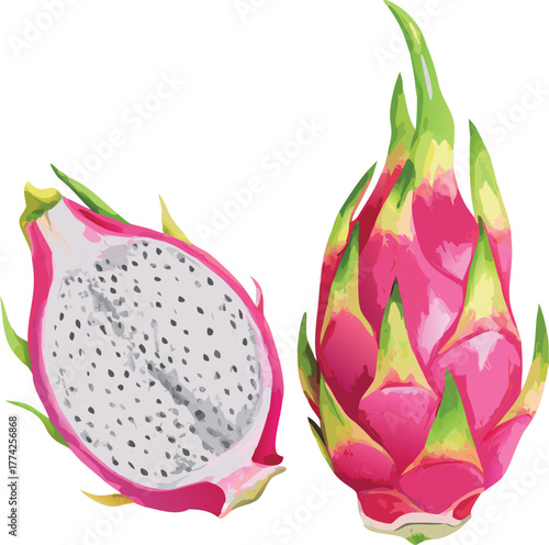 Two dragon fruits one halved displaying the speckled white flesh inside