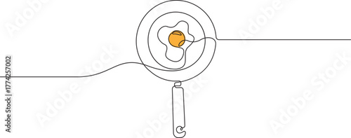Continuous line drawing of fried egg on a pan, Frying pan with scrambled egg in single line art style, Simple vector illustration.
