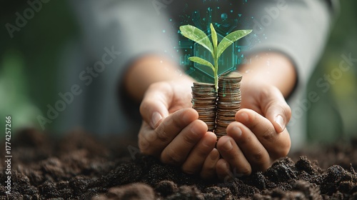 close-up double exposure of hands holding a plant seedling, symbolizing initial investment, overlaid with a graphic of a single four-sided money object that appears to be growing from the soil. 