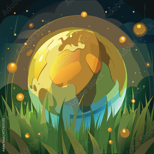 Glowing Earth Globe in Dark Grassy Field with Fireflies Keywords: earth, globe, planet, world