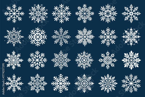 White snowflake vector illustration set with Christmas motifs winter elements and geometric designs. Snowflake set on isolated background. Winter pattern snow ornament vector design. Christmas icon