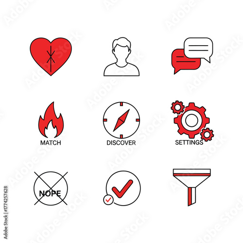 Dating app interface elements showing heart, profile, fire, compass, settings, and filter options on a clean white backdrop, conveying a modern and userfriendly experience.