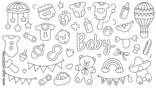 Charming doodle collection celebrating new baby joy featuring adorable essentials like onesies, bottles, and a teddy bear.