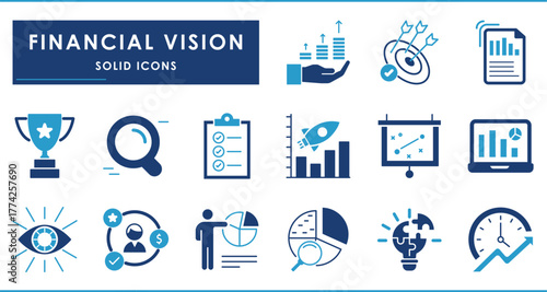 Financial Vision related solid icons set. Contains Award, money, growth, strategy, checklist, statistical analysis.