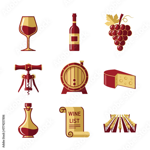 Wine themed elements arranged neatly on white surface showcasing various aspects of viticulture and wine production in a clean and inviting style.