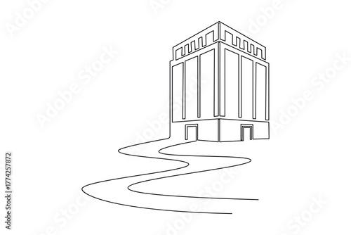 Modern office building continuous single line art isolated on white background