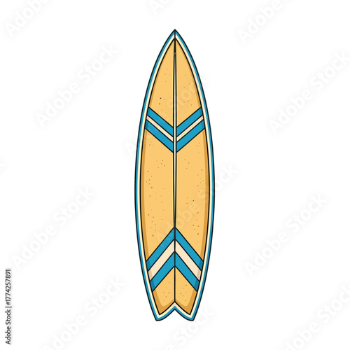 Yellow surfboard with blue stripes stands upright against a white backdrop, evoking a sense of summer fun and beach vibes.