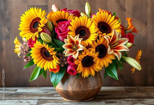 Wallpaper Mural Vibrant bouquet of sunflowers, roses, and lilies in a rustic wooden vase,  display,  elegance Torontodigital.ca