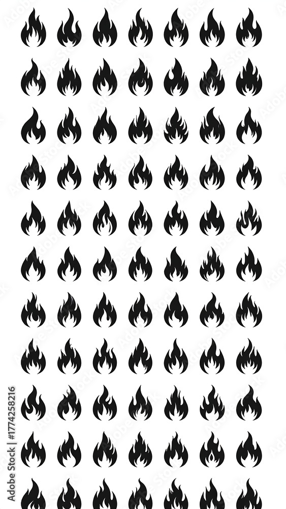Fototapeta premium Numerous small, stylized, black flame icons arranged in a grid pattern