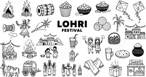 Lohri Festival Doodles Set: Traditional Bonfire, Kites, Food, Dance, and Cultural Elements of Punjabi Harvest Celebration - Hand Drawn Vector Illustrations