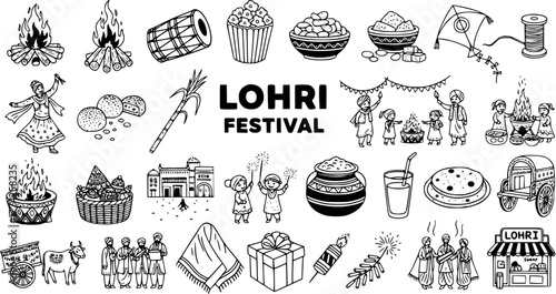 Lohri Festival Traditional Hand-Drawn Doodle Vector Icon Set with Bonfire, Folk Dance, Sweets, Kite, and Celebration Elements - Indian Harvest Winter Holiday Collection