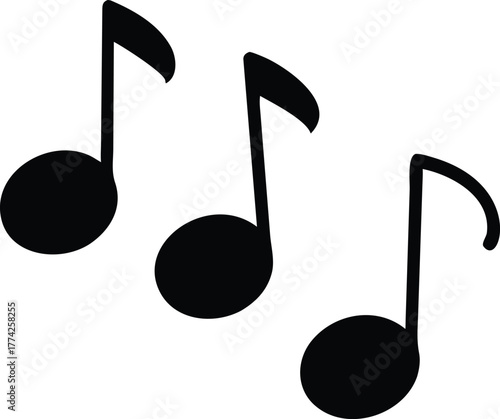 Simple black musical notes illustration floating in a white background space