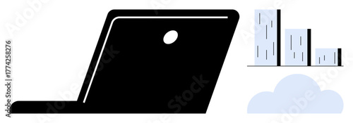 Laptop with upward-moving bar chart and cloud representing data analytics, cloud storage, and progress. Ideal for technology, business growth, cloud computing, innovation, digital transformation