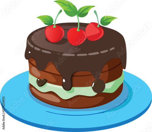 Delicious chocolate cake topped with vibrant cherries on a blue plate
