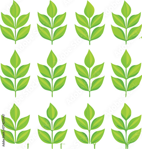 A collection of vibrant green leaves arranged in a grid pattern