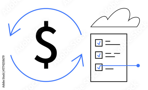Dollar sign surrounded by arrows next to a checklist with checkmarks and cloud background. Ideal for finance, budgeting, organization, cloud services, task management, productivity, concepts of