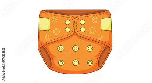 A colorful orange reusable cloth diaper with yellow snaps and subtle circle patterns, designed for eco-friendly baby care.