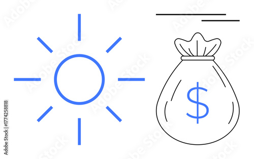 Sun and dollar-marked money bag illustrating renewable energy, eco-conscious investments, and financial benefits. Ideal for sustainability, environment, energy, finance, savings, growth circular