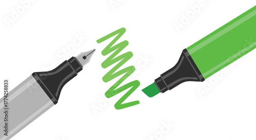 A gray fountain pen and a green highlighter are positioned around a green squiggly line, illustrating writing, drawing, and marking concepts.