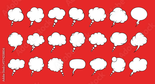 A collection of hand-drawn comic style speech and thought bubbles in various shapes on a vibrant red background.