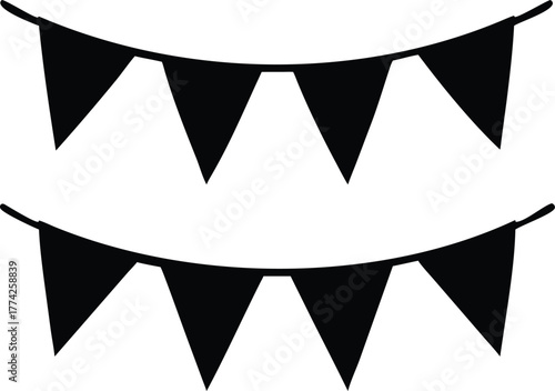 Simple black and white illustration of two strands of party bunting flags
