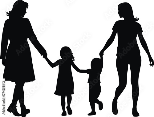 A silhouette of a family walking together holding hands in unity