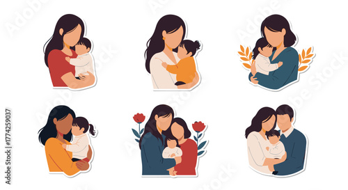 A collection of heartwarming flat illustrations depicting diverse mothers and families sharing loving moments with their young children.