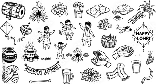 Lohri Festival Icons: Drum, Bonfire, Kite, Dancers, Sweets  More Line Art Vector Illustration