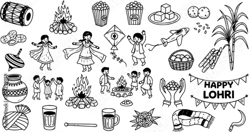 Lohri festival hand-drawn doodle collection featuring bonfire, traditional food, dance, kites, sugarcane, and cultural symbols.