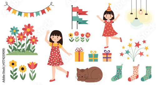 A cheerful collection of cartoon illustrations featuring happy girls, colorful flowers, festive party elements, wrapped gifts, and a cute sleeping cat.