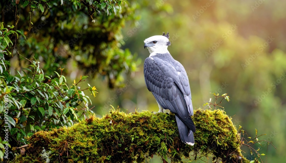 Fototapeta premium Magnificent harpy eagle perched gracefully on a moss-covered branch amidst foliage