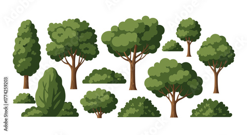 A collection of various green trees and bushes in different shapes and sizes, illustrated in a simple flat design style on a white background.
