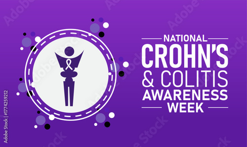 Crohns and Colitis Awareness Week Poster Banner and Background Abstract Design Template with Purple Ribbon and Intestine Illustration for Digestive Health Awareness Education and Medical Support 